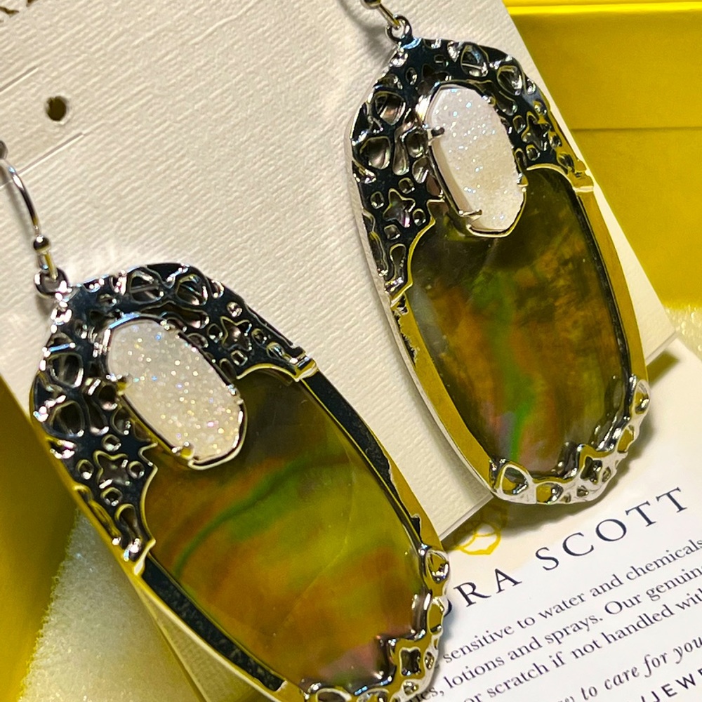 NWT Kendra Scott Deva Earrings Black Pearl Iridescent Drusy & Silver SUPER RARE - Picture 12 of 16